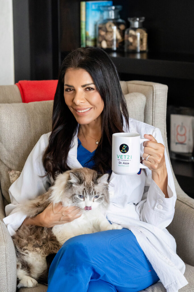 Vetzi veterinarian Dr. Azza holds a tabby cat and Vetzi mug in modern office setting
